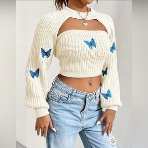 Cream Knit Crop Top with Blue Butterfly Accents 2 piece